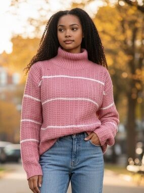 Ann Taylor Pink and White Striped Turtleneck Sweater